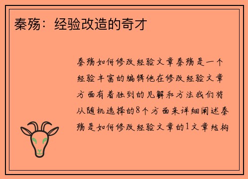 秦殇：经验改造的奇才