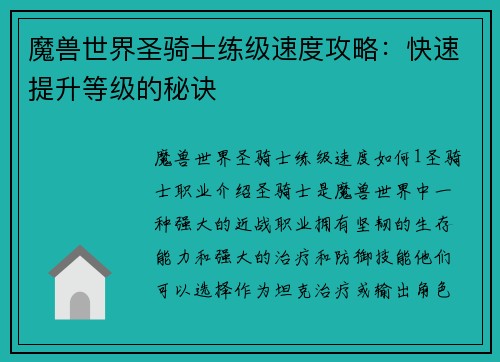 魔兽世界圣骑士练级速度攻略：快速提升等级的秘诀