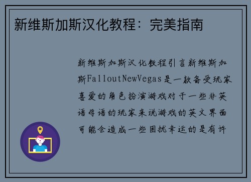 新维斯加斯汉化教程：完美指南